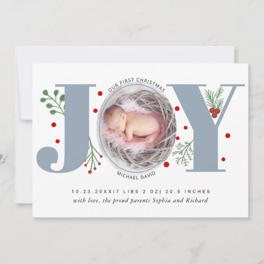 Stofblauw Joy Eerste kerst foto baby geboorte Aankondiging (Voorkant)