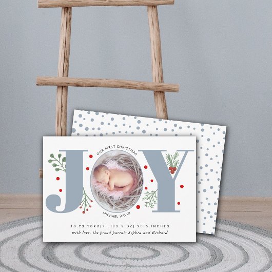 Stofblauw Joy Eerste kerst foto baby geboorte Aankondiging