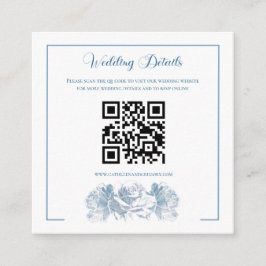 Stofblauw Kalligrafie QR-code Huwelijk Informatiekaartje