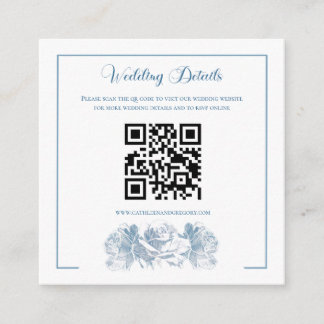 Stofblauw Kalligrafie QR-code Huwelijk Informatiekaartje