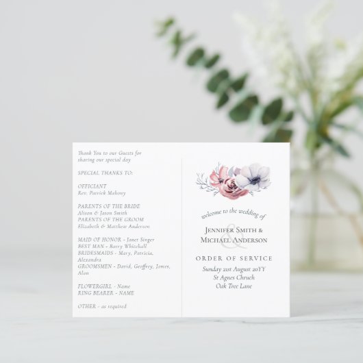 Stofblauw koraal bloemig huwelijksprogramma budget (Staand voorkant)