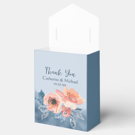 Stofblauw & Koraalroze Aquarel Bloemen Bruiloft Bedankdoosjes (Geopend)
