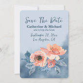 Stofblauw & Koraalroze Aquarel Bloemen Bruiloft Save The Date (Voorkant)