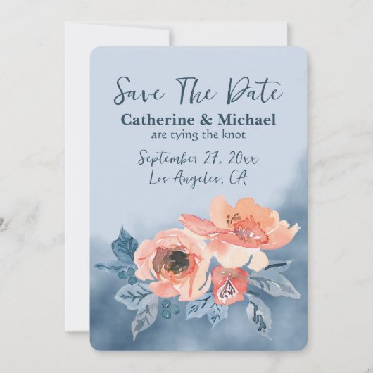 Stofblauw & Koraalroze Aquarel Bloemen Bruiloft Save The Date (Voorkant)