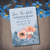 Stofblauw & Koraalroze Aquarel Bloemen Bruiloft Save The Date