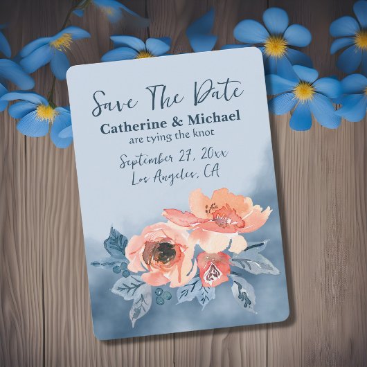 Stofblauw & Koraalroze Aquarel Bloemen Bruiloft Save The Date
