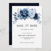 Stofblauw Leisteen Marine Bloem Botanische Trouwda Save The Date (Voorkant / Achterkant)
