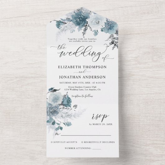 Stofblauw Leisteen Pastel Licht Trouwdetails RSVP All In One Uitnodiging (Binnen)