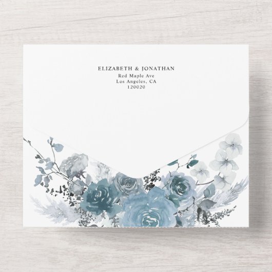 Stofblauw Leisteen Pastel Licht Trouwdetails RSVP All In One Uitnodiging (Achterkant)