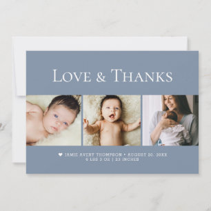 Stofblauw Love and Thanks Baby Foto's Geboorte Bedankkaart