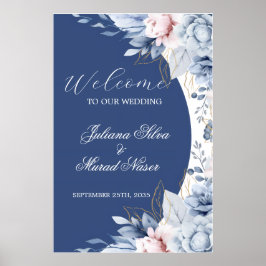 Stofblauw marine bloemige trouw welkom bord poster