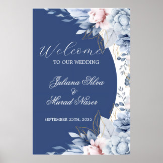 Stofblauw marine bloemige trouw welkom bord poster