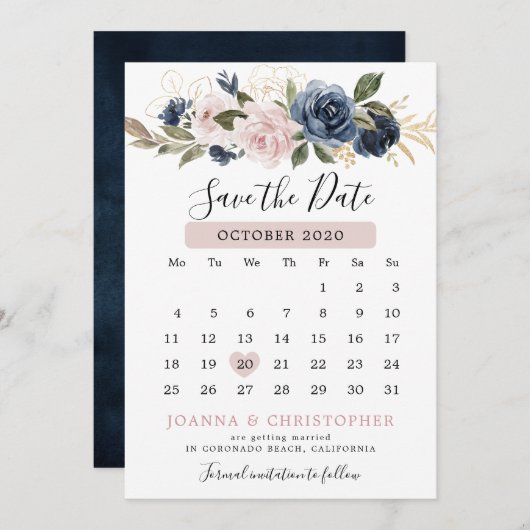 Stofblauw mauve roze leisteen bloemige bruiloft  save the date (Voorkant / Achterkant)