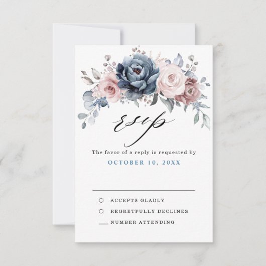 Stofblauw mauve roze leisteen bloemige trouwdag RSVP kaartje (Voorkant)