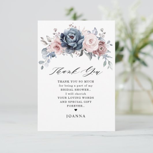 Stofblauw mauve roze leisteen bruiloftsdouche bedankkaart (Staand voorkant)