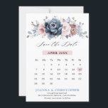 Stofblauw mauve roze roze leisteen bloemige trouw  save the date<br><div class="desc">Elegante en moderne bloemige midsummer-kalender bewaar de datum kaart met een boeket waterverfrozen pioenrozen in tinten leisteen, stoffig blauw, stoffig roos, stoffig roze, mauve, salie met weelderige groene botanische bladeren en eucalyptus. Vind meer bijpassende ontwerpen en variaties in mijn "blissweddingpaperie" winkel. En neem gerust contact met me op voor verdere...</div>