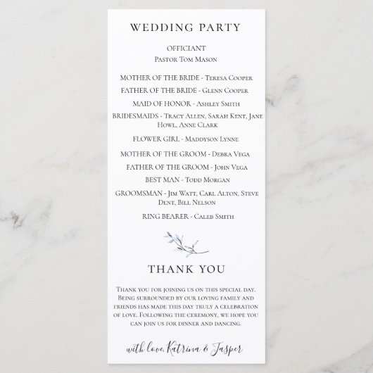 Stofblauw mauve waterverf bloemige bruiloft programmakaart (Achterkant)