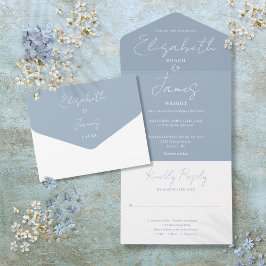 Stofblauw Minimalistische Elegante Scriptie Bruilo All In One Uitnodiging