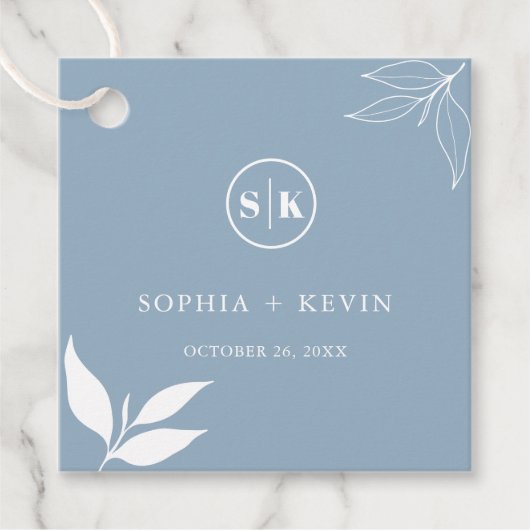 Stofblauw minimalistische tak bladeren initials lo bedankjes labels (Voorkant)