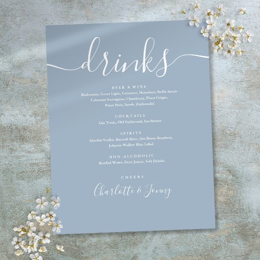 Stofblauw modern script huwelijksdrankenmenu flyer