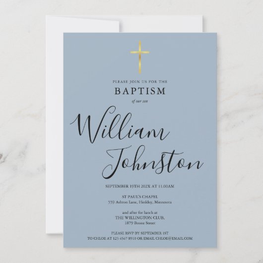 Stofblauw moderne doop doopfeest gouden kruis kaart (Voorkant)