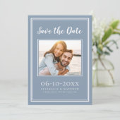 Stofblauw Moderne Elegante Foto Save The Date (Staand voorkant)