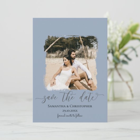 Stofblauw moderne foto save the date  (Staand voorkant)