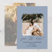 Stofblauw moderne foto save the date  (Voorkant / Achterkant)