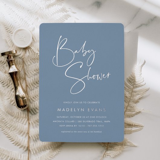 Stofblauw | Moderne Minimalistische Script Baby Sh Folie Uitnodiging