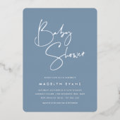 Stofblauw | Moderne Minimalistische Script Baby Sh Folie Uitnodiging (Voorkant)