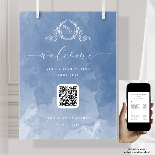 Stofblauw Monogram QR-code zitplaatsplan bord Poster
