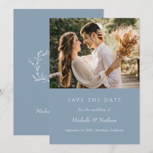 Stofblauw Monogram Stof Blauwe Foto Save the Date Kaart (Voorkant / Achterkant)