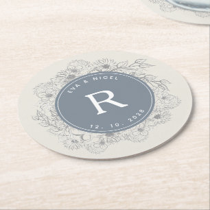 Stofblauw Monogram Trouwfeest Ronde Kartonnen Onderzetter