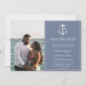 Stofblauw nautisch monogram foto save the date kaa (Voorkant)