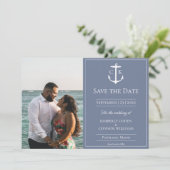 Stofblauw nautisch monogram foto save the date kaa (Staand voorkant)