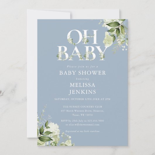 Stofblauw Oh Baby Botanische Groene Baby Shower Kaart (Voorkant)
