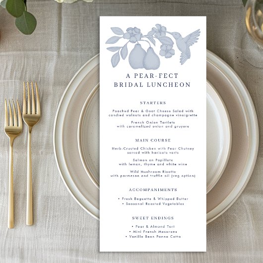 Stofblauw perfecte peer bruiloft luncheon menu kaa