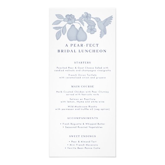 Stofblauw perfecte peer bruiloft luncheon menu kaa (Voorkant)
