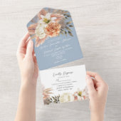 Stofblauw Perzik Bloemige All-in-One Uitnodiging (Afscheurbaar)