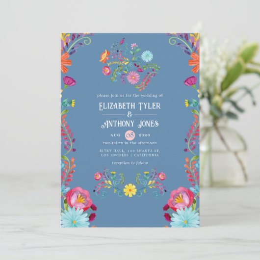 Stofblauw & Roze Bloemrijke Mexicaanse Feestelijke Kaart (Staand voorkant)