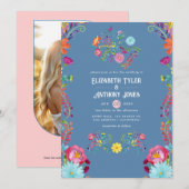 Stofblauw & Roze Bloemrijke Mexicaanse Feestelijke Kaart (Voorkant / Achterkant)
