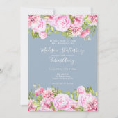 Stofblauw Roze Pioen Groene Bloemige Bruiloft Kaart (Voorkant)