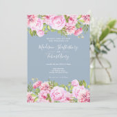 Stofblauw Roze Pioen Groene Bloemige Bruiloft Kaart (Staand voorkant)