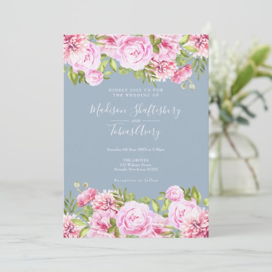 Stofblauw Roze Pioen Groene Bloemige Bruiloft Kaart (Staand voorkant)