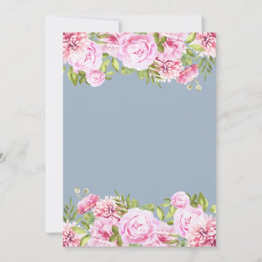 Stofblauw Roze Pioen Groene Bloemige Bruiloft Kaart (Achterkant)