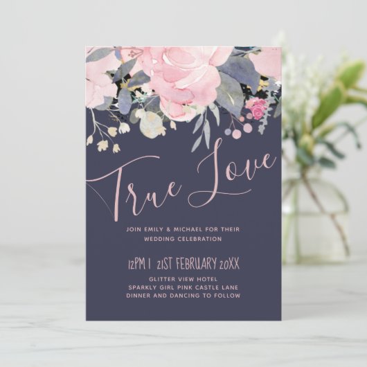 Stofblauw Roze Roze Bloemen Huwelijksbudget (Staand voorkant)