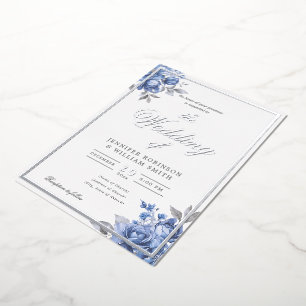 Stofblauw rustieke bloemrijke elegante script brui folie uitnodiging