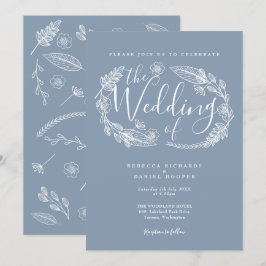 Stofblauw rustieke handgetekende bloemenscript bru kaart