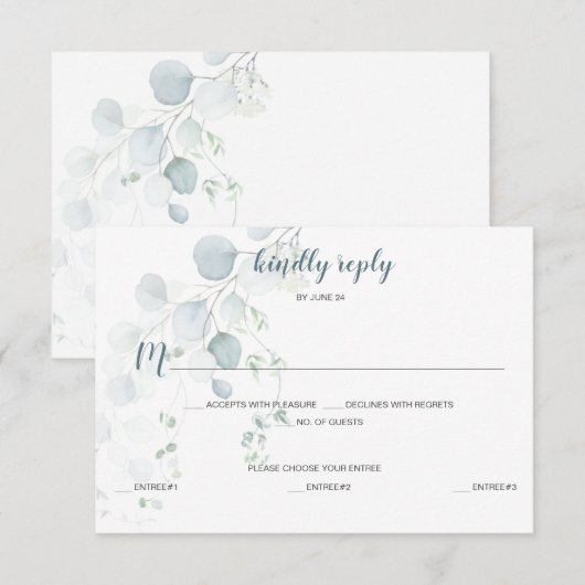 Stofblauw & Saliegroen Eucalyptus Maaltijdselectie RSVP Kaartje (Voorkant / Achterkant)