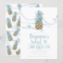 Stofblauw sappige ananas zomer sweet 16 feestje kaart